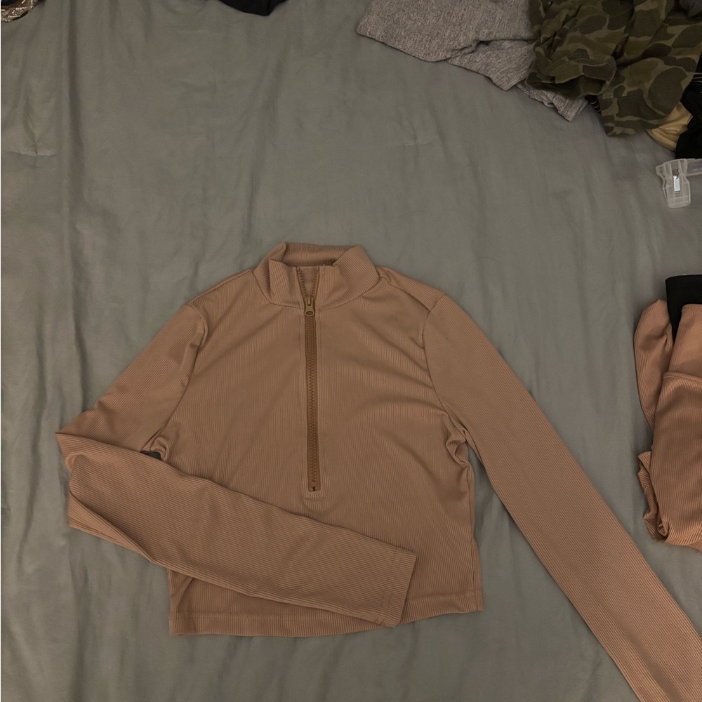 SHEIN Ribbed Half-Zip Long Sleeve Top - Beige